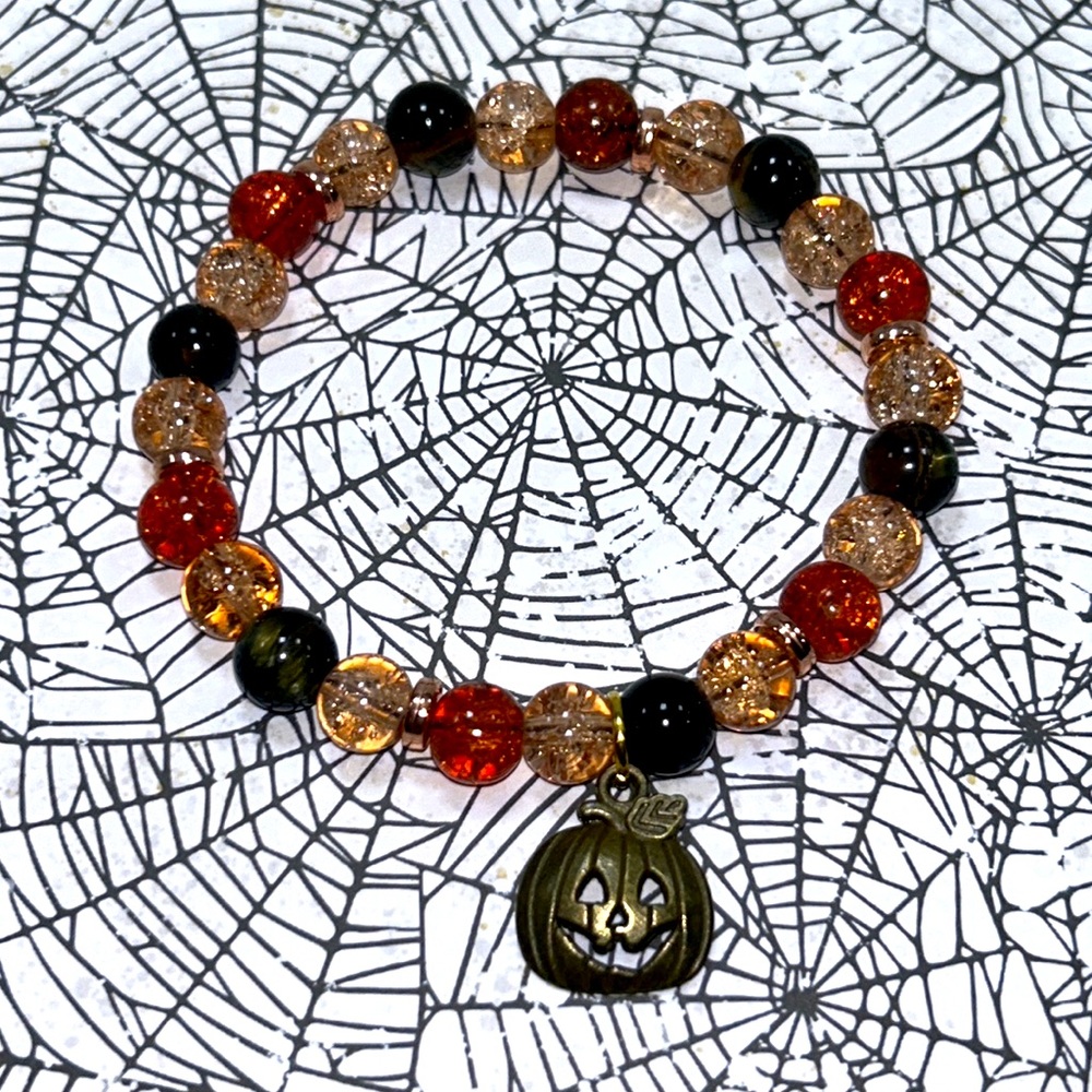 Handmade Halloween Pumpkin Charm Bracelet with Natural Tiger Eye Stones!